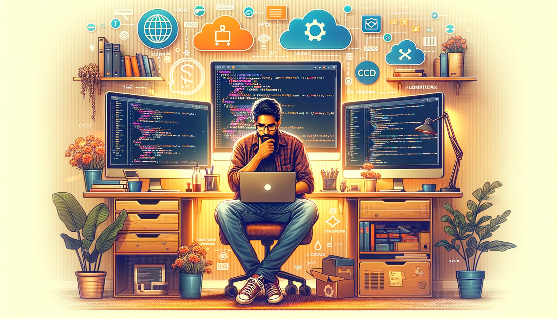 DevOps infrastructure diagram: cloud deployment, monitoring, security, and cost management for developers and AI builders